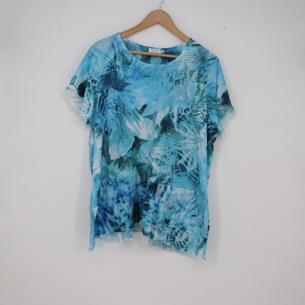 Time and Tru Top Womens 1X Short Sleeve Blue Tropical Rhinestone Peplum